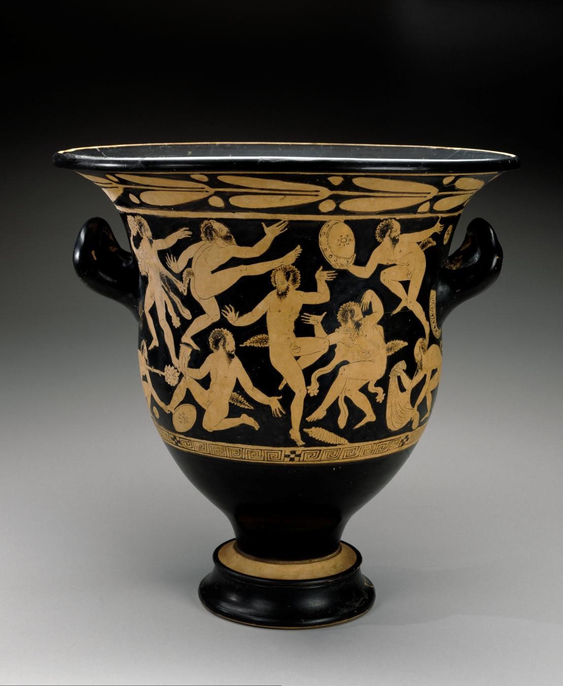 Faliscan, White-figure Bell Krater with Dancing Satyrs, 400–351 BC