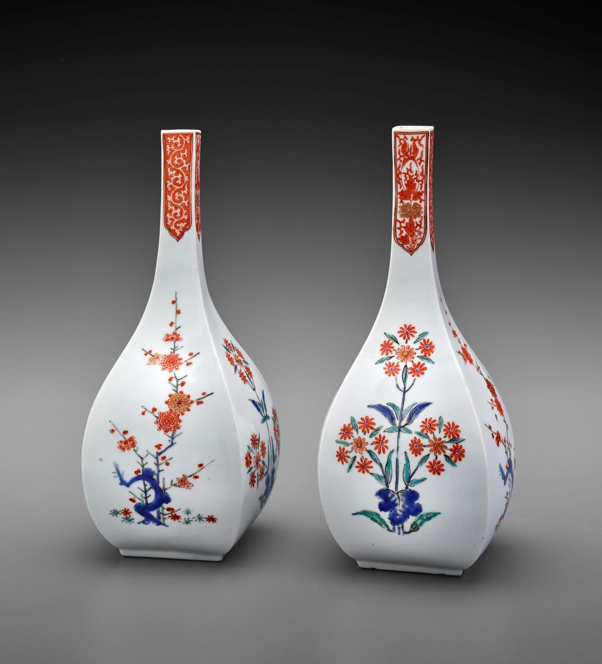 Japanese, Squared Wine Bottles with Design of Prunus and Flowering Plants, 1670–90