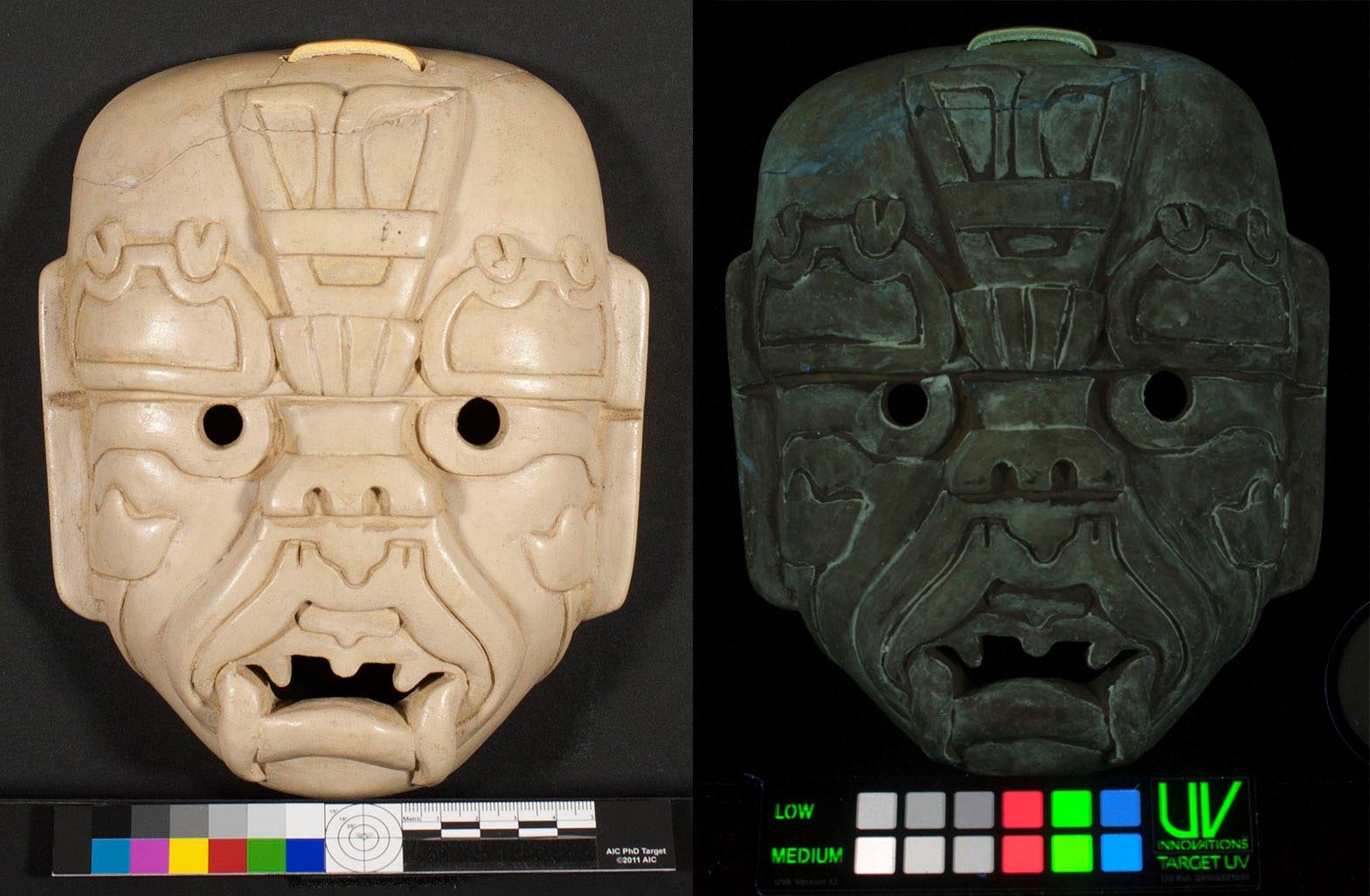 Left to right: South American mask seen in normal light  and UV-visible light