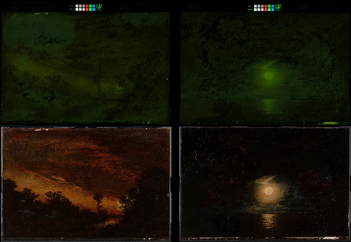 The top images of these two Ralph Albert Blakelock paintings—Afterglow on the left, Moonlight on the right—are the paintings shown using the new Target-UV tool.