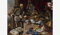 Christian Luycks, Vanitas Still Life with Musical Instruments, Sheet Music, Books, a Skeleton, Skulls, and Armor, c. 1655