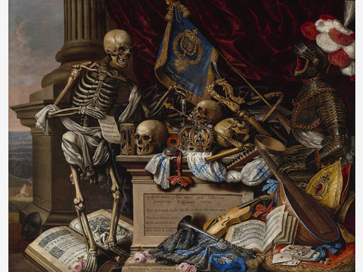 Christian Luycks, Vanitas Still Life with Musical Instruments, Sheet Music, Books, a Skeleton, Skulls, and Armor, c. 1655