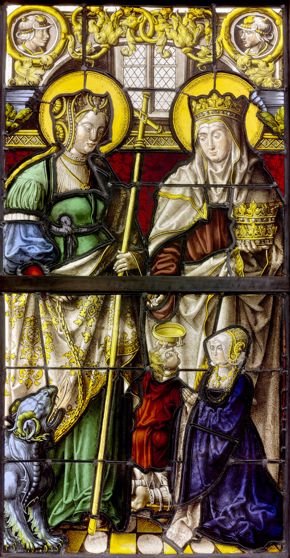 German, Saints Margaret and Elizabeth Presenting a Female Donor, c. 1525–30, glass, vitreous paint, and silver stain