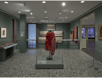 Installation view of From Persia to Paisley: Global Luxury and the Kashmir Shawl