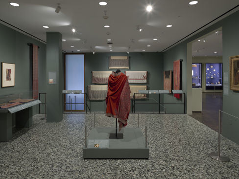 Installation view of From Persia to Paisley: Global Luxury and the Kashmir Shawl