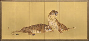 Konoshima Okoku, Tigers, 1902, one of a pair of six-panel gold-ground folding screens; ink, color, gofun, and gold leaf on paper