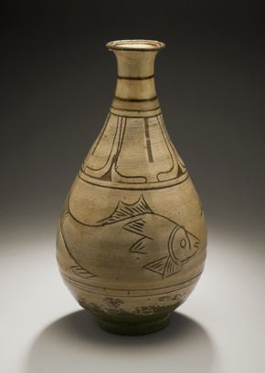 Korean, Bottle with Flower, Birds, and Fish Design, 15th–early 16th century, Buncheong ware; wheel-thrown stoneware with incised slip decoration and pale green glaze