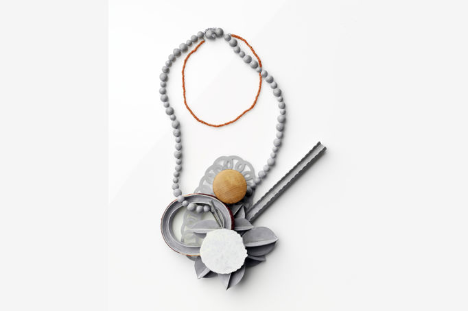 Lucy Sarneel, “Meli-melo” Necklace, 2007, zinc, textile, rubber, wood, paint, glass beads, and gold