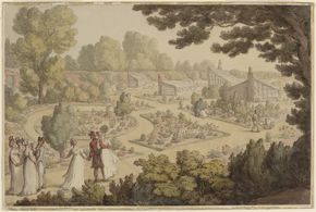 Thomas Rowlandson, Elegant Figures in a Walled Garden, 1803–05, watercolor and ink over traces of graphite on wove paper