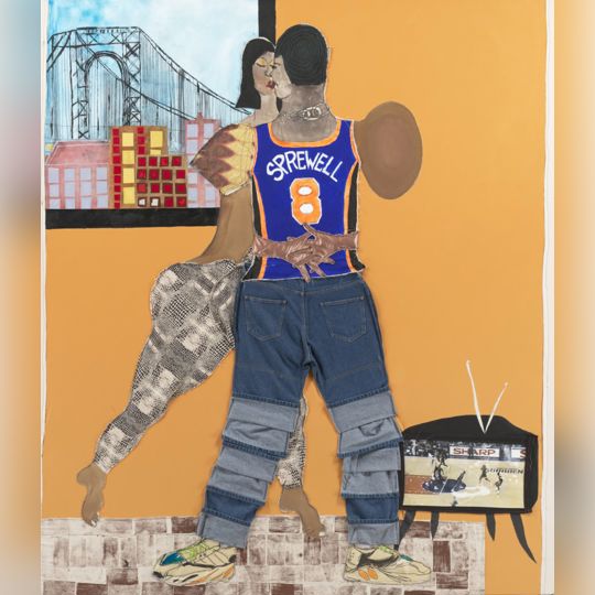 Tschabalala Self, Sprewell, 2020, fabric, thread, painted canvas, silk, jeans, painted newsprint, stamp, photographic transfer on paper, and acrylic on canvas