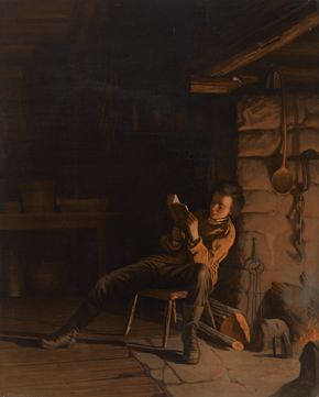 William Harring after Eastman Johnson, The Boyhood of Lincoln—An Evening in the Log Hut, 1868, chromolithograph on paper on board